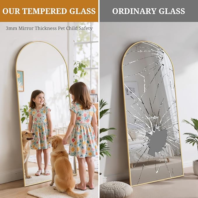 Full Length Mirror 65"x24" Full Body Mirror Arched Free Standing Wall Mounted Leaning Floor Mirrors with Stand Aluminum Alloy Frame for Bedroom Cloakroom, Gold