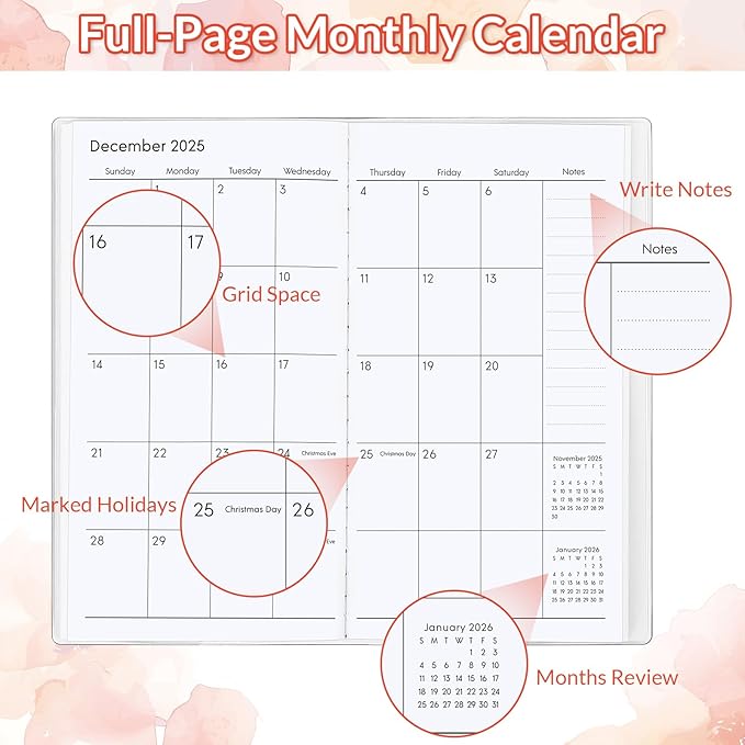 Pocket Calendar 2026-2027, Orange 2026-2027 Monthly Planner - 3.7" x 6.7" - Runs from January 2025 Until December 2027, 2026 Pocket Calendar with PVC Cover for Home, School, Office Supplies