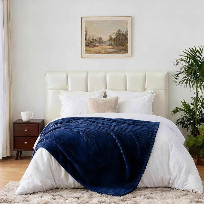 Nookly Navy Fleece Blanke Queen Size, Soft Lightweight Ribbed Plush Bed Blanket, Cozy All-Season Striped Fleece for Bedroom and Home Décor, 90x90 Inches