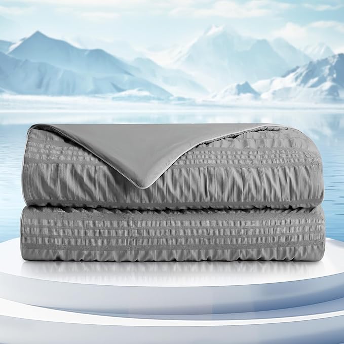 Cozy Bliss Seersucker Cooling Comforter Twin Size, Q-Max 0.45 Reversible Lightweight Cooling Throw Blanket, Breathable Silk Smooth Summer Bedding Quilt for Hot Sleepers Night Sweats Dark Grey