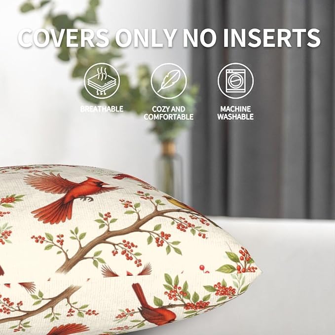 2 Pack Cute Red Cardinal Bird Throw Pillow Covers 18x18, Spring Easter Decorative Pillow Cases, Rustic Cushion Covers for Sofa Living Room Couch Bedroom, for Bird Lovers, Boho Home Decor