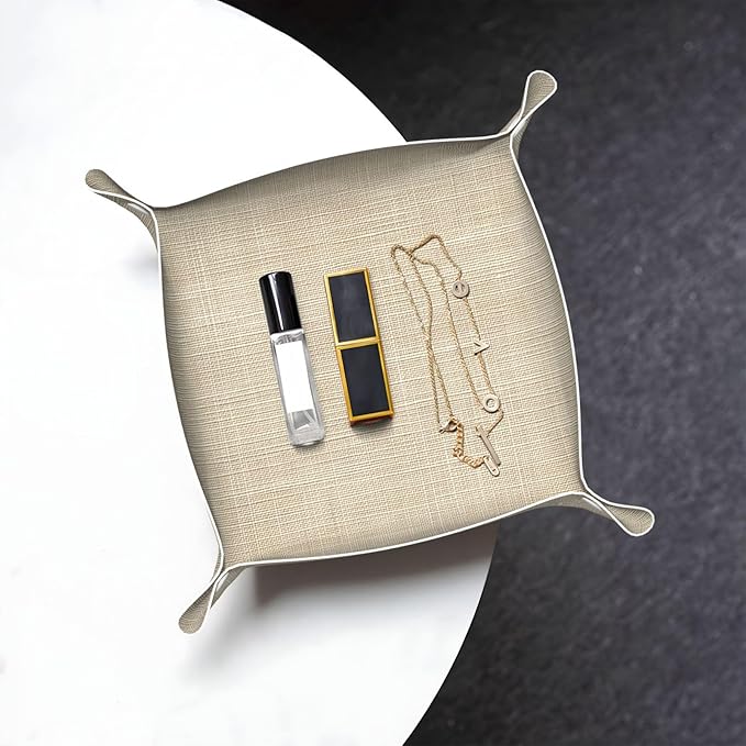 Light Beige Graident Texture Linen Valet Tray Leather Desktop Storage Organizer Bedside for Jewelry Keys Coin Candy