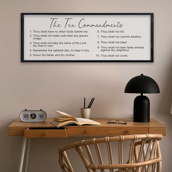 comurdyo Christian The Ten Commandments Bible Verse Wall Decor Art 32"×12" Large Wood Framed God Prayer Catholic Saying Catholic Sign for Vintage Living Room Jesus Plaque Wall Hanging (Black)