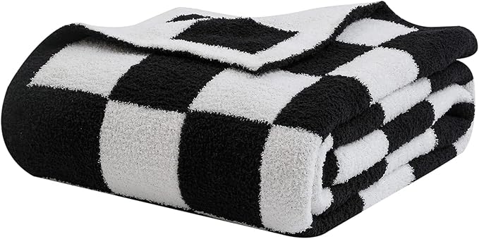 bearberry Fuzzy Checkerboard Grid Throw Blanket Soft Cozy Warm Microfiber All Season Blanket Decor for Couch Sofa Bed Travel Home (Black, 50''x60'')