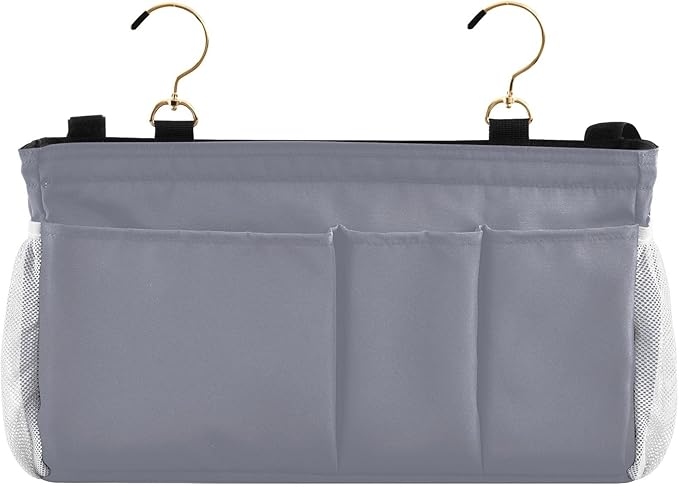 DOMIKING Grey Bedside Caddy for Dorm Bed Recliner Armrest Organizer with Hooks Haning Holder for Phone Magazine Tablet