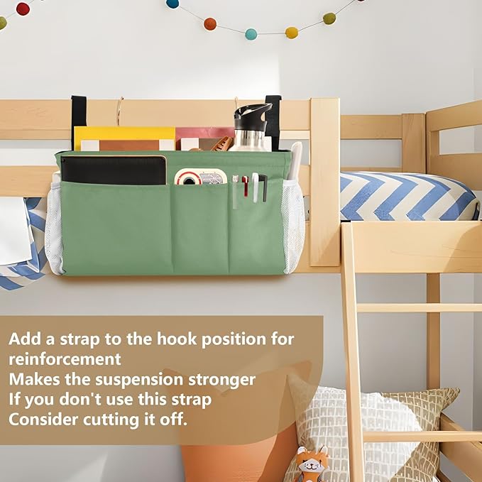 DOMIKING Sage Green Bedside Caddy for Dorm Bed Recliner Armrest Organizer with Hooks Haning Storage Pocket for Couch Recliner Remote Control