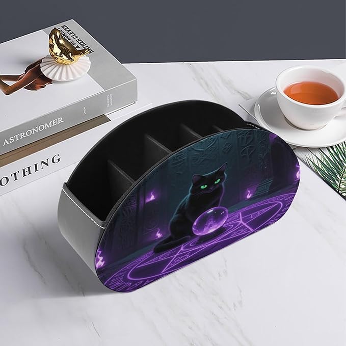 Witchcraft Cat Remote Control Holder Organizer Box with 5 Compartment PU Leather Bedside Storage Caddy Remote Organizer for Controller Media Player Pen/Pencil Storage