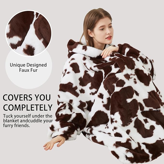 Softan Blanket Hoodie, Oversized Fleece Wearable Blankets for Women and Men Gifts, Cozy Warm and Soft Sweatshirt Blanket with Large Pocket, Brown Cow Print