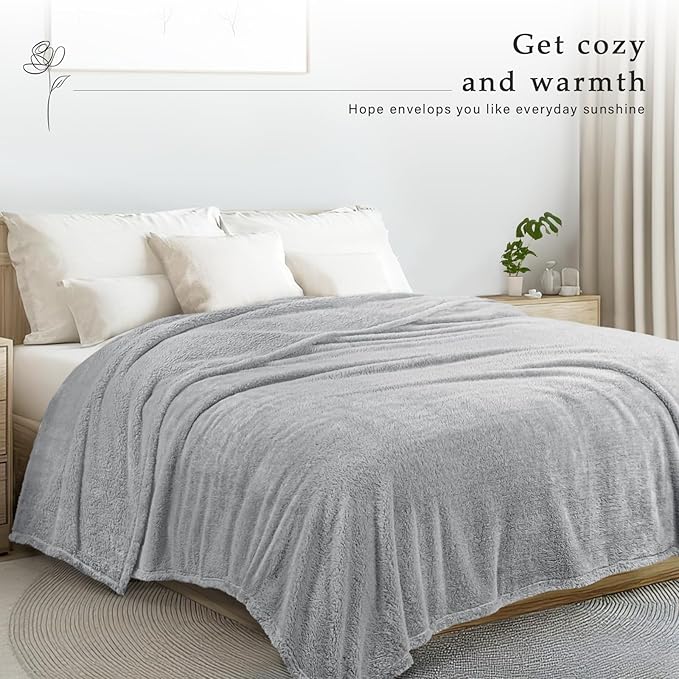 Exclusivo Mezcla Queen Size Blanket for Bed, Super Soft Velvet Plush Fleece Blankets, Fuzzy Cozy and Warm for Winter, 90x90 Inches, Light Grey