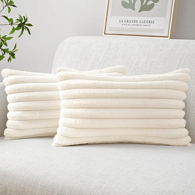 MIULEE Faux Fur Lumbar Decorative Throw Pillow Covers 12x20 Inch Set of 2, Modern Spring Home Decor Soft Plush Couch Pillows Cozy Fluffy Cushion Covers for Sofa Bed Beige