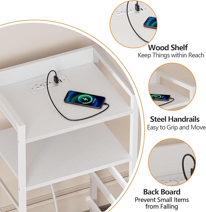 Furnulem White Nightstand with 5 Storage Drawer, Tall Dresser for Bedroom with Led Light and Charging Station, Side Table Nightstand for Closet, Fabric Bins, Metal Frame, Wood Shelf(White)