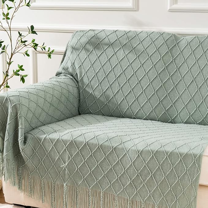 BATTILO HOME Sage Green Throw Blanket for Couch, Boho Bed Throws for Home Decor, Light Blue Throw Blanket for Sofa Living Room, 50"x60"