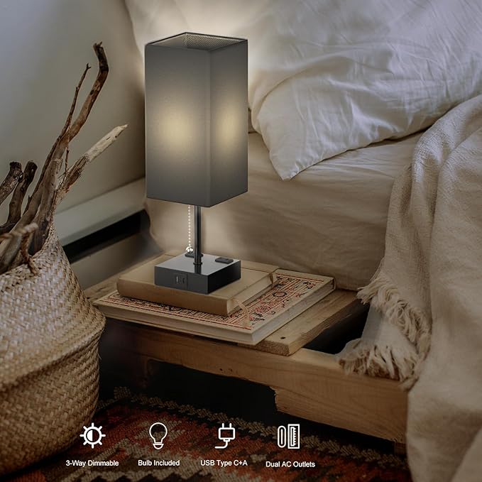 Table Lamp for Bedroom with USB,Bedside Lamp with USB C+A Charging Ports,Adjustable 3color LED Light for Home Decor/Nightstand/Office,Included Bulb and Fabric Lamp Shade (Linen Black, 2PCS)