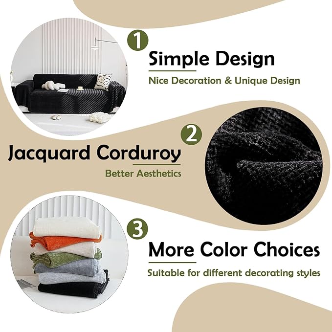 HANDONTIME Couch Cover for Sofa Corduroy Couch Cover for Kids Jacquard Love seat Sofa Covers Sectional Couch Covers 3 Seater Sofa Cover Cozy Sofa Slipcovers Chenille Couch Protector 71" X150", Black