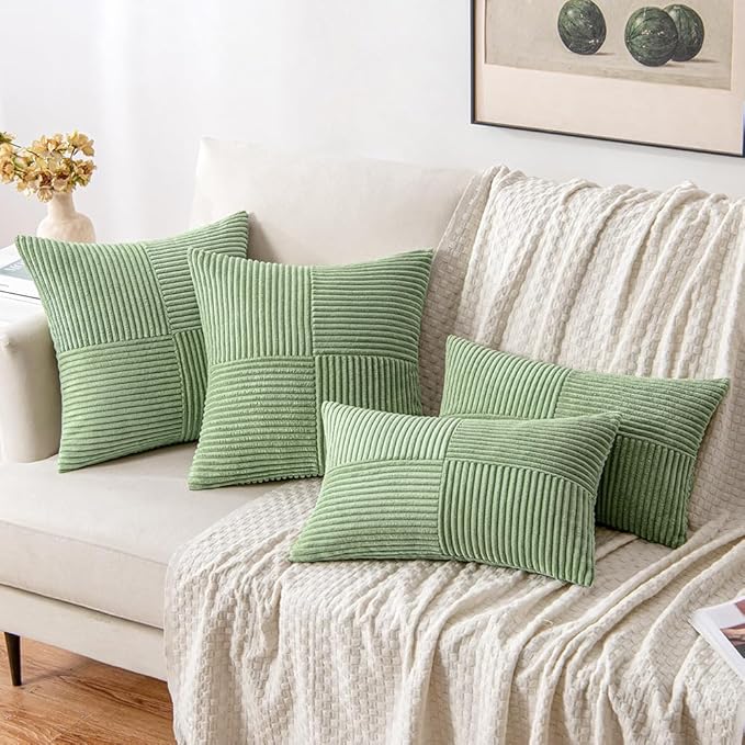 MIULEE Sage Green Decorative Throw Pillow Covers 16x16 Inch for Couch Bed Sofa Spring Decor Pack of 2 Boho Farmhouse Throw Pillows Soft Cross Corduroy Patchwork Textured Cushion Cases