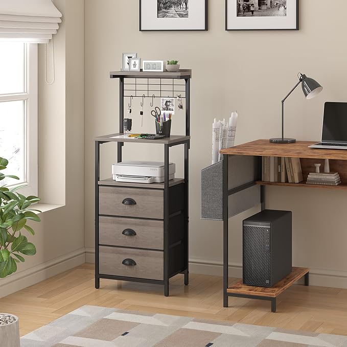 Bedside Tall Nightstands with Charging Station, LED Bedside Table for Bedroom - 3 PU Fabric Drawers, Hooks, USB/Type-C Ports & Open Bedside Storage Shelves, Grey