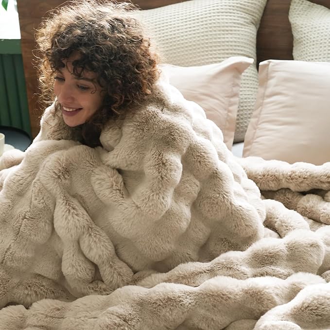 PHF Luxury Faux Rabbit Fur Blanket Twin Size, Ultra Soft Fluffy Plush Cozy Warm Bubble Blanket for Bed, Couch, Chair, Sofa Decorative, Thick Reversible Suitable for Fall & Winter, 60" x 80", Oak