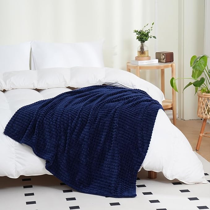 Puncuntex Flannel Fleece Throw Blanket Navy Blue 50"×60",Super Soft Plush Cozy Blanket with 3D Jacquard Square Grid Design Luxury for Couch Sofa Chair,Dark Blue