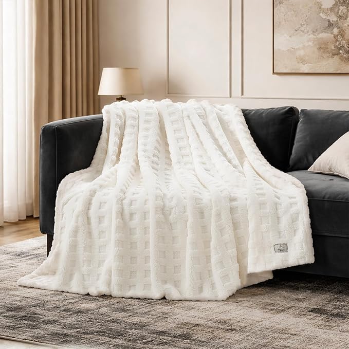 Cozy Bliss Ultrasoft Waffle Throw Blanket, Fluffy Cute Plush Blanket for Couch, Bed, Modern Home Accent, Portable for Picnic or Outdoor, Ivory, 66"x90"