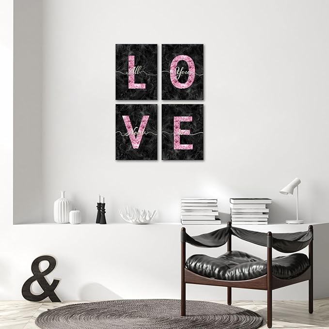 sechars Glam Pink Canvas Wall Art All You Need is Love Sign Decor Fashion Glitter Marble Love Quotes for Girl Women Bedroom Bathroom Valentine's Day Gifts (Black)
