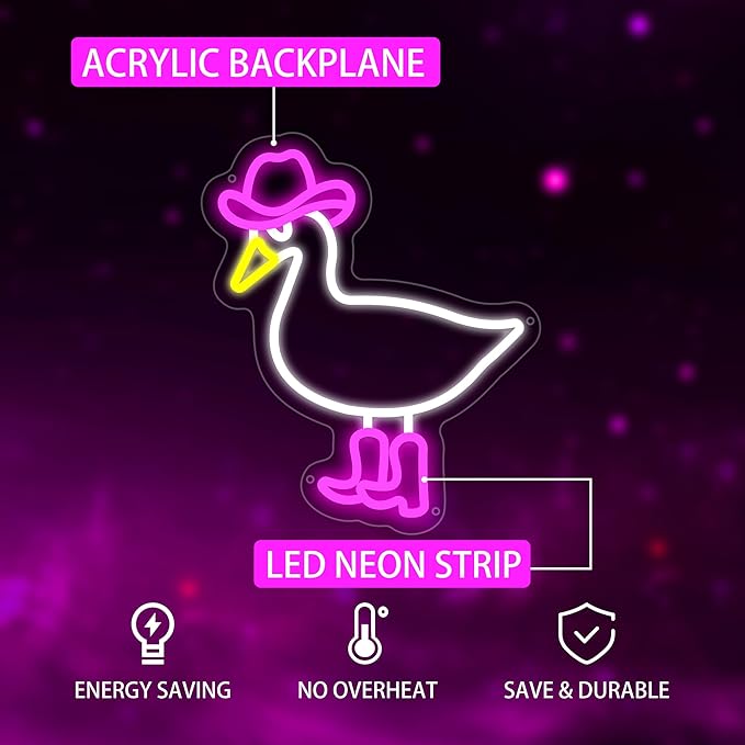 Duck Neon Sign for Wall Decor, Cowgirl Duck Neon Light with Dimmer and USB, Gift for Girls Led Light Up Sign for Bar, Hotel, Cafe, VIP Room, Home Decoration