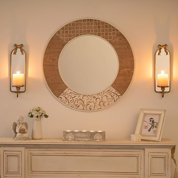 Gold Candle Sconces Wall Decor: Modern Decorative Wall Candle Holder Set of Two for Bedroom - Vintage French Metal Bow Mirror Sconces Beside Fireplace TV
