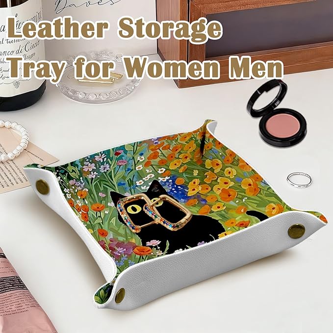 Black Cat Gifts Jewelry Valet Tray for Women, Cottagecore Floral Black Cat PU Leather Catchall Beside Caddy Nightstand Organizer Tray for Jewelry Rings Watches and Accessories, 7.87x7.87in