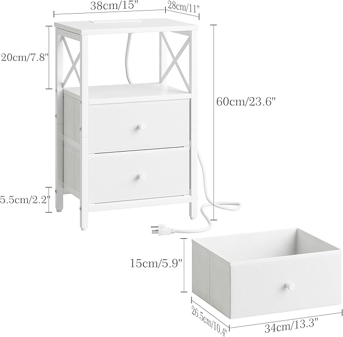 Nightstand Set of 2, Nightstands with Charging Station, Small Bedside Table with Storage Shelf, End Table with USB Ports & Outlets, with Fabric Drawers, for Couch, Bedroom(White) LET105W-2