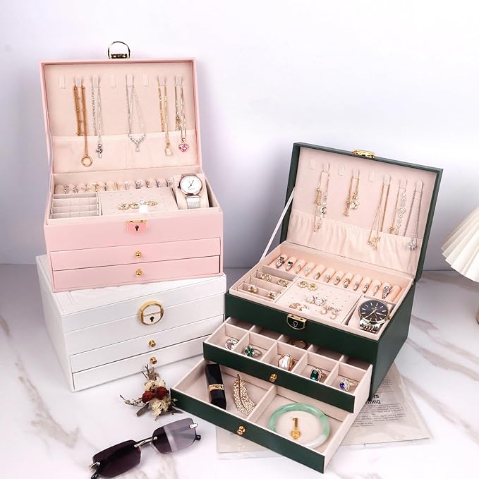 3 Layer Jewelry Box with Drawers, Lockable Jewelry Organizer for Necklace Earring Ring Bracelet Watch, PU Leather Storage, Pink