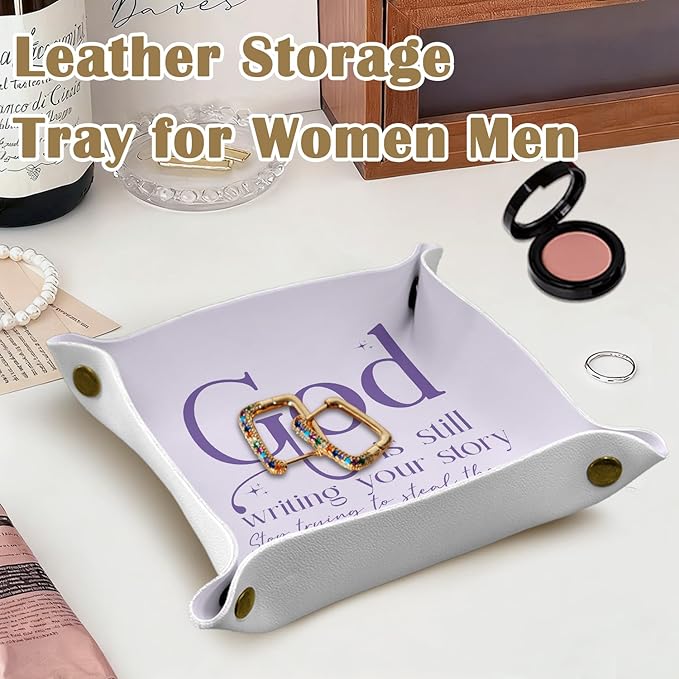 Christian Gifts Jewelry Valet Tray for Women, Purple Religious Bible Verse PU Leather Catchall Beside Caddy Nightstand Organizer Tray for Jewelry Rings Watches and Accessories, 7.87x7.87in
