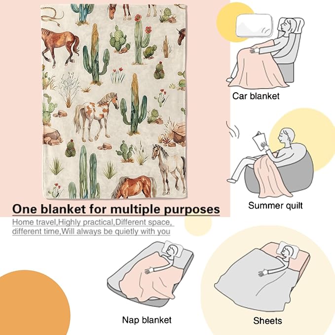 Western Horse Blanket with Cactus and Wild Mustang Pattern Throw Blankets Lightweight Flannel Throws for Camping Couch Chair Office Bed Rustic Home Decor Gifts for Adults,50x40inch
