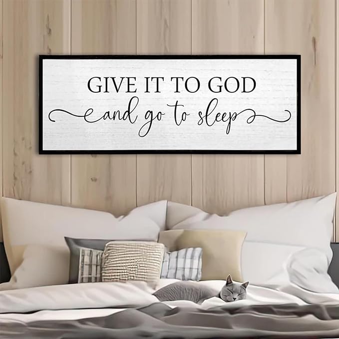 Give It To God And Go To Sleep Wall Decor Sign 40"X15" Master Bedroom Above Bed Wood Framed Large Farmhouse Rustic Over Bed Wall Art Hanging Decoration (Black)