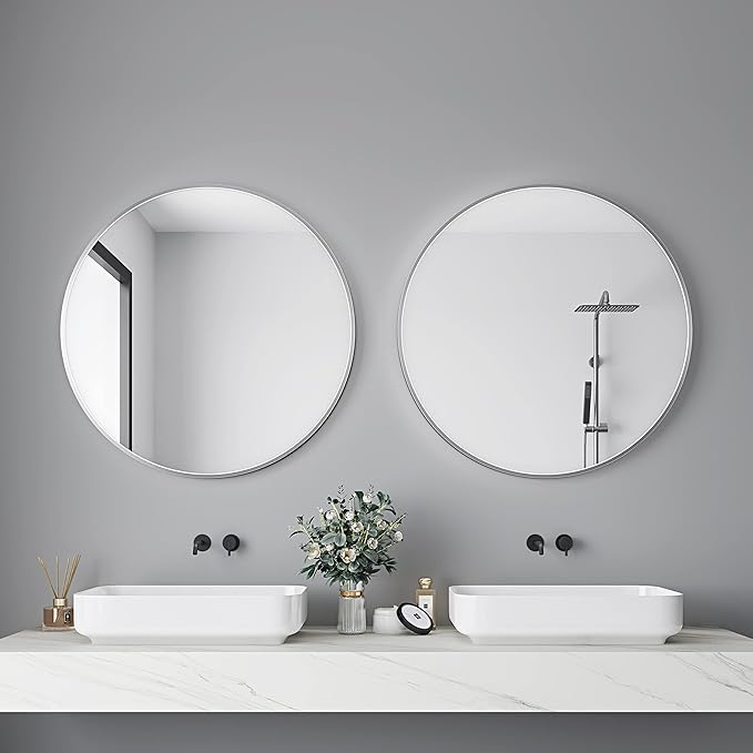 Itrue 30 Inch Round Wall Mirror, Brushed Silver Metal Framed Circle Bathroom Mirror, Silver-Backed HD Glass Vanity Mirror for Over Sink, Modern Decorative Mirror for Living Room, Entryway, Hallway