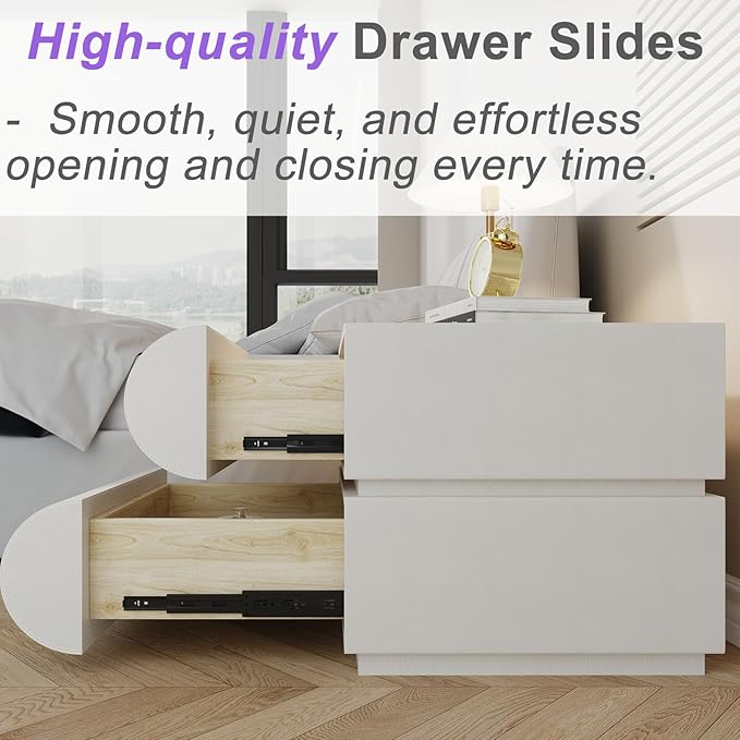 Modern Nightstand with Storage, Small End Table with Upholstered Leather Finish, 2 Solid Wood Drawers for Bedroom Bedside Couch
