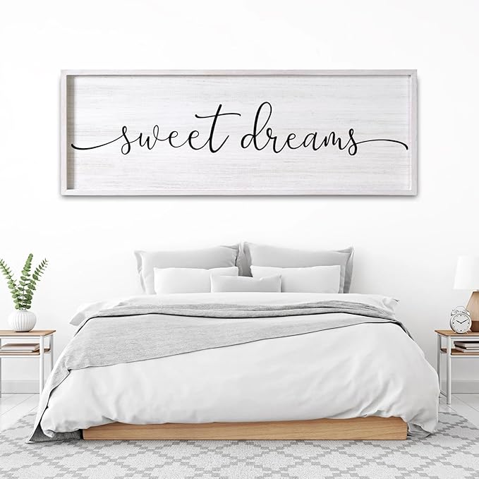 Sweet Dreams Decorative Rustic Sign & Plaque Framed Wall Art for Couples, 40''×15'' Farmhouse Wooden Horizontal Sweet Dreams Wall Decor Above Bed, Vintage Cottagecore Wedding Gift for Living Room