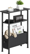 Narrow Small Side Table, End Table with 1 Fabric Drawer and Storage Shelf, 3-Tier Skinny Nightstand, Slim Bedside Table for Living Room, Bedroom, Black