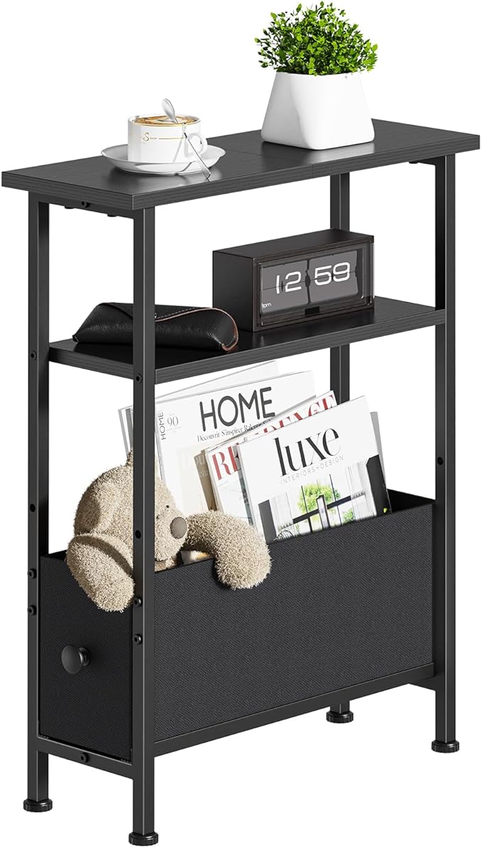 Narrow Small Side Table, End Table with 1 Fabric Drawer and Storage Shelf, 3-Tier Skinny Nightstand, Slim Bedside Table for Living Room, Bedroom, Black