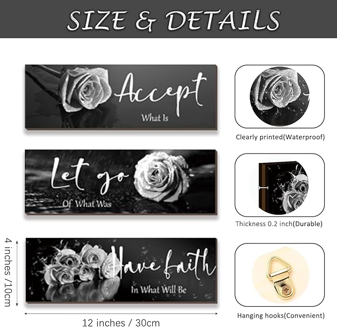 3 Pcs Black White Rose Wall Decor Inspirational Wooden Flower Wall Art White Roses Bathroom Decor with Accept Let Go Have Faith Positive Quotes for Women Bathroom Living Room Bedroom(White Rose 12x4")