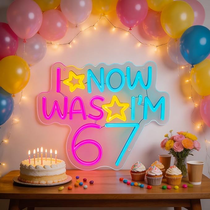 6 7 Birthday Decorations Neon Sign I WAS 6 NOW I'M 7 Neon Light for Wall Art Decor,Boy Girl 7 Years Old,Dimmable LED Lights for Bedroom Party Background Decoration Birthday Gifts