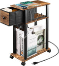 Sofa Side Table Narrow End Table (1PC) - Rustic Brown & Black Two-Tone, Side Table with Charging Station (1 AC + 2 USB) & Storage Drawer, 4 Wheels Mobile Nightstand for Bedroom Living Room