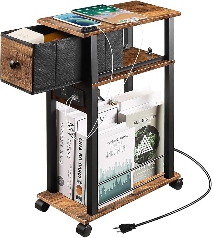 Sofa Side Table Narrow End Table (1PC) - Rustic Brown & Black Two-Tone, Side Table with Charging Station (1 AC + 2 USB) & Storage Drawer, 4 Wheels Mobile Nightstand for Bedroom Living Room
