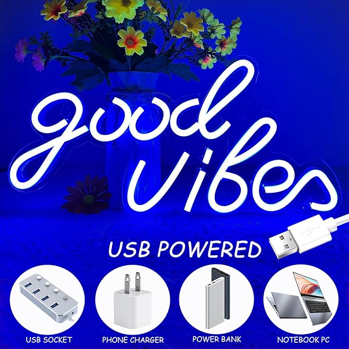 Good Vibes Neon Sign Blue Good Vibes Neon Lights USB Operated Aesthetic LED Signs for Bedroom Wall Decor Birthday Party Wedding Salon Bar Home Girl Cave