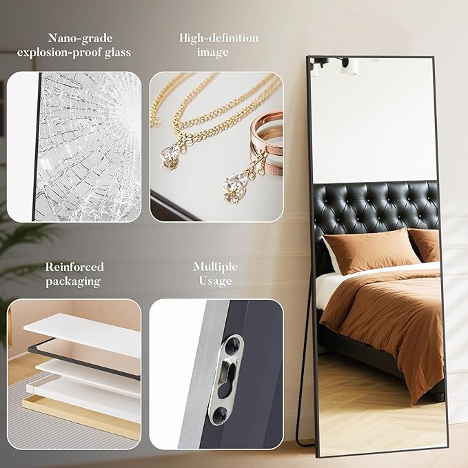NEWBULIG Full Length Mirror 59.2"x16" for Bedroom, Full Body Mirror with Stand, Hanging or Leaning for Wall, Aluminum Alloy Thin Frame Floor Standing for Living Room, Long, Black
