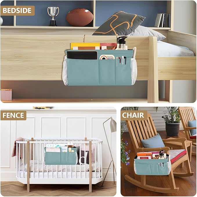 DOMIKING Teal Bedside Caddy for Dorm Bed Recliner Armrest Organizer with Hooks Haning Holders for Tablet Phone Magazine