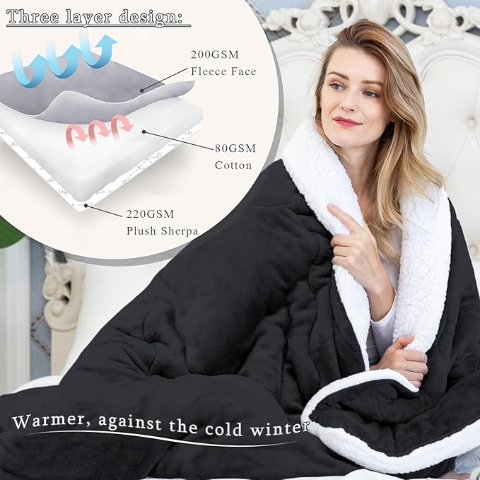 CHOSHOME Sherpa Fleece Blanket- Thick Warm Blanket for Winter, Soft Fuzzy Plush Blanket for Bed, Couch, Travel (Black, Queen 90" x 90")