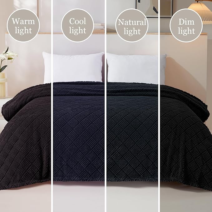 Whale Flotilla Fuzzy Fleece Throw Blanket for Couch, Bed, Soft Fluffy Jacquard Waffle Blankets for All Season, Lightweight and Warm, 50x60 Inch, Black
