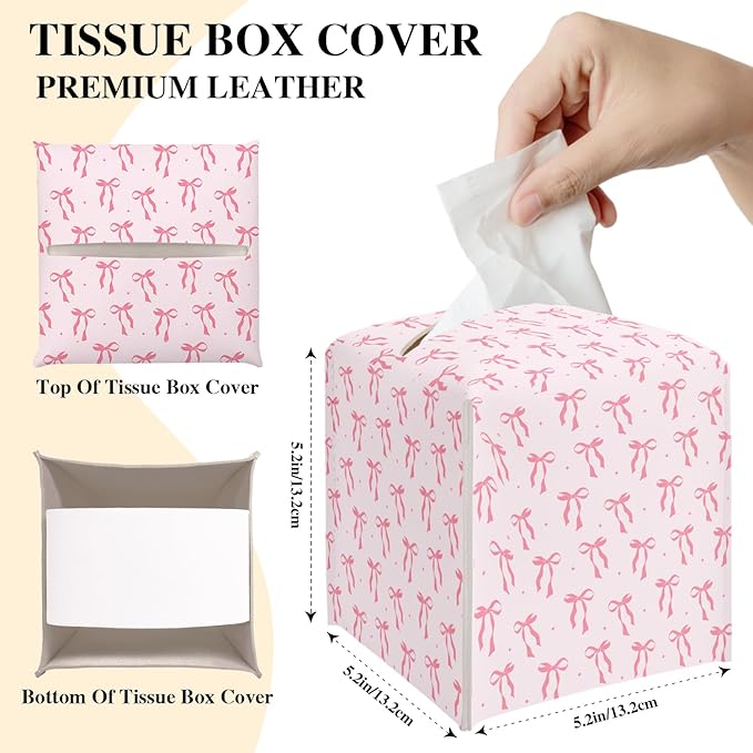 Pink Bows Tissue Box Cover, Cute Tissue Holder Square with Bottom Belt for Home Bathroom Office Vanity Countertop, Housewarming Gifts Ideas for Women Friends Mom Bestie -14
