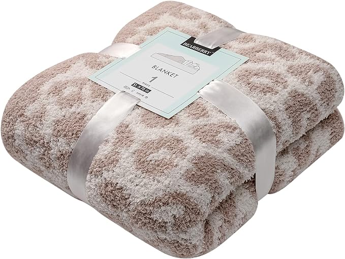 bearberry Fuzzy Leopard Knitted Throw Blanket Soft Cozy Warm Microfiber Blanket for Couch Sofa Bed Travel (Stone/Cream, 51"x70")