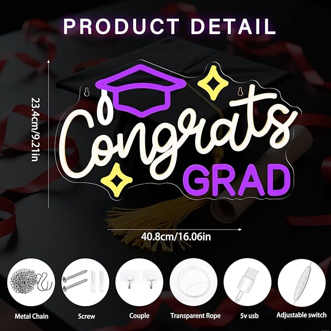 Congrats Grad Neon Sign with Cap - 16.93" x 10.63" Dimmable LED Graduation Light Up Signs Grad Light Sign for Class of 2026 Celebrations, Prom Party, Room Dorm Backdrop, Graduation Gift