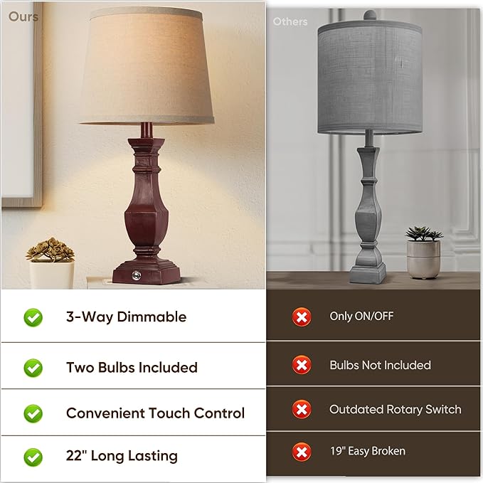 ROTTOGOON Dimmable Table Lamps Set of 2, Rustic Farmhouse Table Lamps for Living Room Bedroom, Bedside Desk Lamps for end Tables, Touch Lamps for nightstand, 9W Bulbs Included, 22", Antique Red